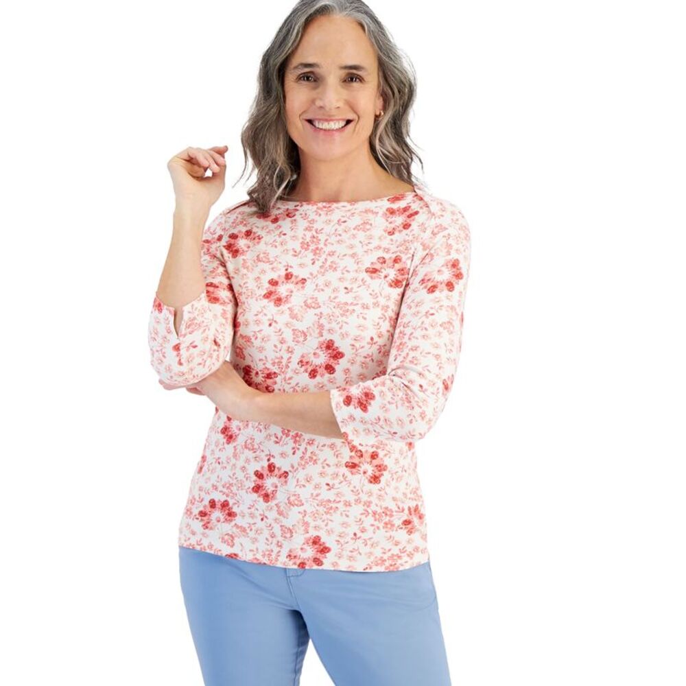 Petite Pottery Floral 3/4-Sleeve Pima Knit Top